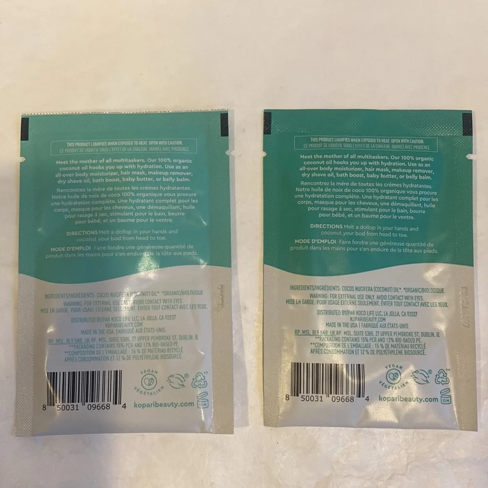 KOPARI Coconut Melt Organic Vegan 2 Travel Packets 2x0.33oz CLEAN BEAUTY